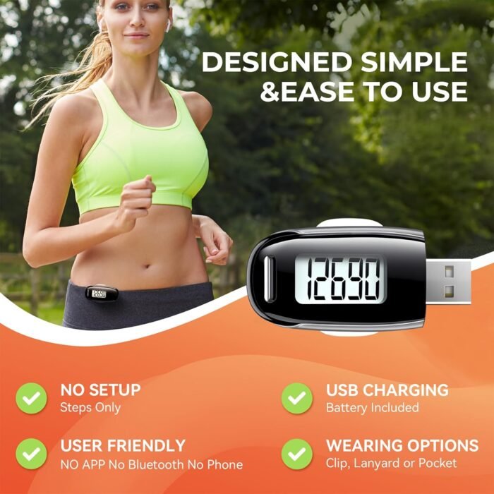 3D Pedometer for Walking, Simple Walking Step Counter with Removable Clip and Strap, USB Rechargeable Step Tracker with Backlight, Accurate Step Counter for Men Women Kids Seniors - Image 4