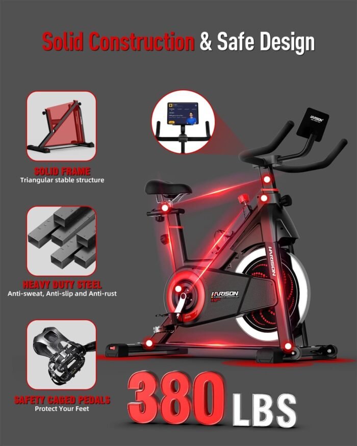HARISON Exercise Bike, Stationary Bike for Home 350/380 lbs Weight Capacity, Magnetic Workout Bike with Bluetooth App, Brake Pad Indoor Cycling Bike with Tablet Mount & Comfortable Seat Cushion - Image 4