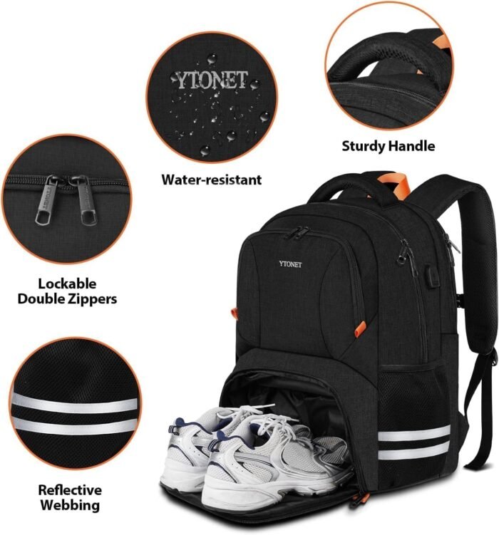 Ytonet Gym Backpack For Men Women, Travel Sports Track Bag With Shoe Compartment USB Charging Port, Large Workout Laptop Backpack Water Resistant College Bag Fit 15.6 Inch, Camping, Black - Image 6