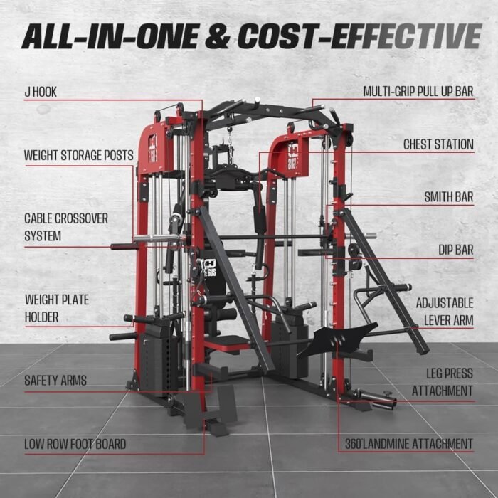 Commercial SmithMachine with Smith Bar, Home Gym Station with Dual Weight Stacks, 4000LBS Power Cage Squat Rack with Lever Arm, Leg Press, LAT Pull Down, Cable Crossover Machine for Full Body Training - Image 8