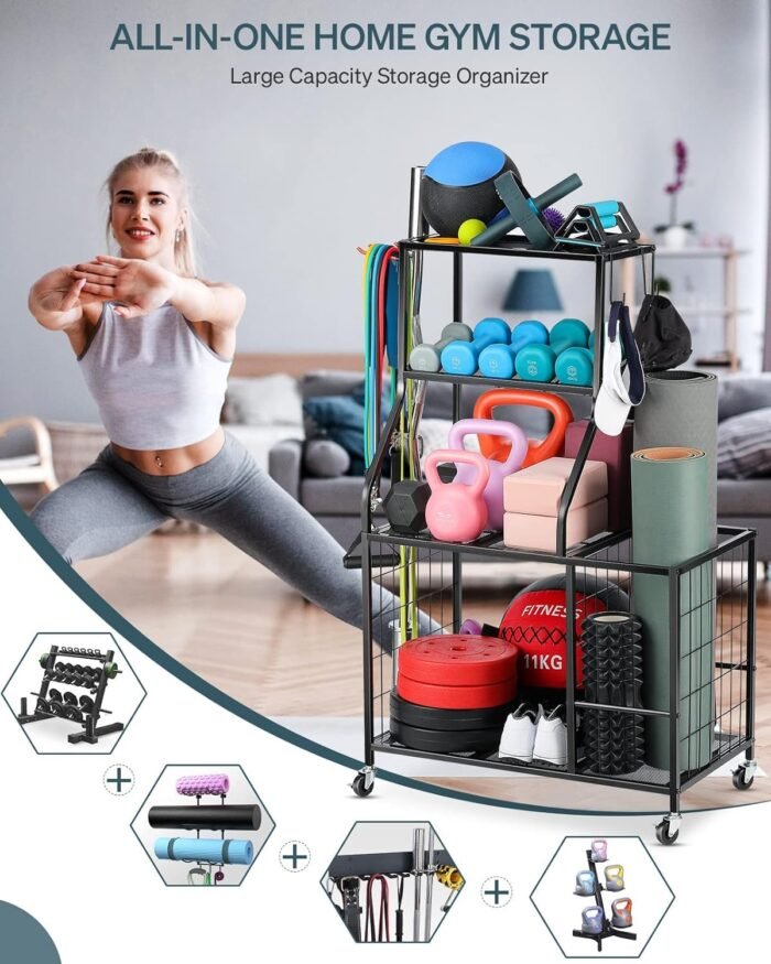 Weight Rack Home Gym Storage, Yoga Mat Storage Rack Workout Equipment Storage Rack for Dumbbells Kettlebell Resistance Band, Exercise Equipment Gym Rack Organizer with Wheel and Levelling Feet - Image 3