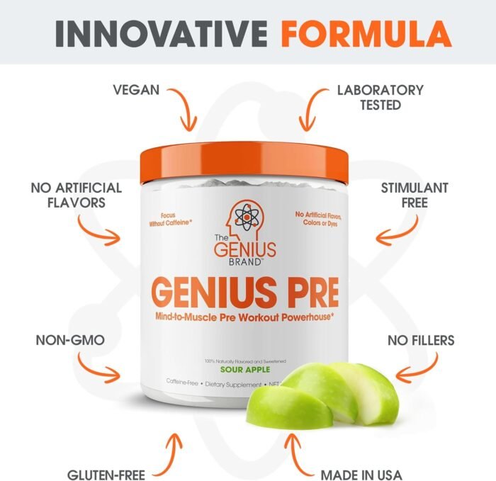 Genius Pre Workout Powder, Sour Apple - All-Natural Nootropic Pre-Workout & Caffeine-Free Nitric Oxide Booster Supplement with Beta Alanine & Alpha GPC - No Artificial Flavors, Sweeteners, or Dyes - Image 7