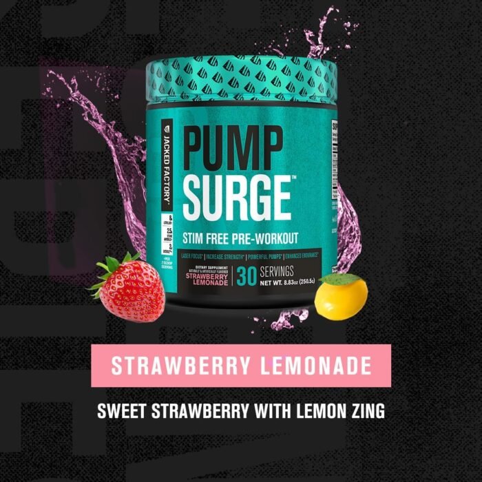 Jacked Factory Pumpsurge Caffeine Free Pre Workout for Men & Women - Nootropic Booster & Stim Free Pre Workout - Intense Pumps, Enhanced Focus - 30 Servings, Strawberry Lemonade - Image 3