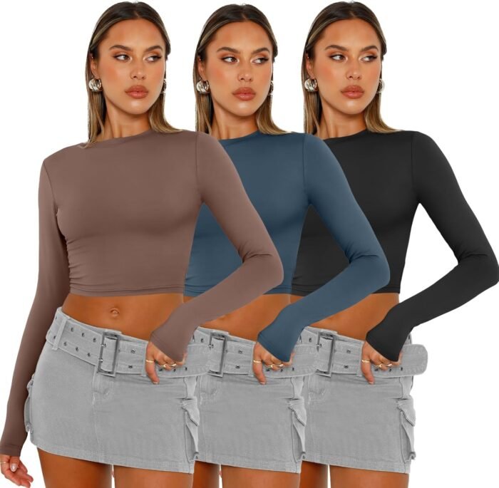 AUTOMET 3 Pack Womens Long Sleeve Shirts Y2K Going Out Crop Tops Cute Basic Slim Fitted Fall Fashion Outfits 2025 Clothes - Image 3