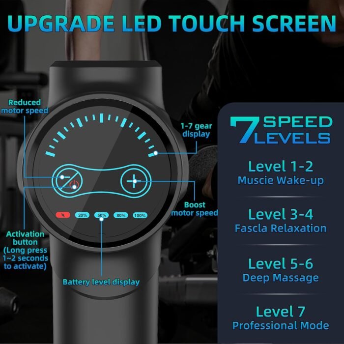 Deep Tissue Massage Gun Portable, Percussion Massage Gun with 7 Levels & 6 Massage Heads, Electric Massager for Muscles Pain Relief, Gifts for Men Women Athletes for Sports and Relaxation - Image 7