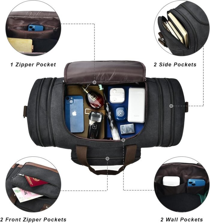 Litvyak Duffle Bag for Travel, 50L Canvas Travel Duffel Bags Overnight Weekend Gym Carry On Luggage Bag for Men & Women(Black) - Image 7