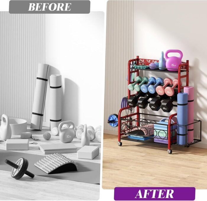 Dumbbell Rack, VOPEAK Weight Rack for Home Gym, Home Gym Storage Rack for Yoga Mat Kettlebells and Strength Training Equipment, Weight Storage Rack for Dumbbells with Wheels - Image 8