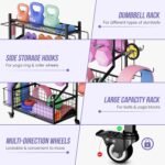 WUC Dumbbell Rack, Adjustable Weight Rack for Home Gym Storage for Dumbbells Kettlebells Yoga Mat & Balls, All in One Workout Equipment Storage Rack with Wheels, Powder Coated Steel, Black - Image 4