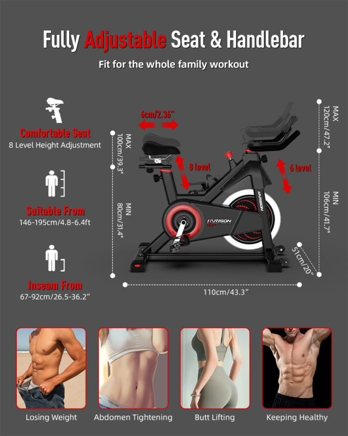 HARISON Exercise Bike, Stationary Bike for Home 350/380 lbs Weight Capacity, Magnetic Workout Bike with Bluetooth App, Brake Pad Indoor Cycling Bike with Tablet Mount & Comfortable Seat Cushion - Image 5