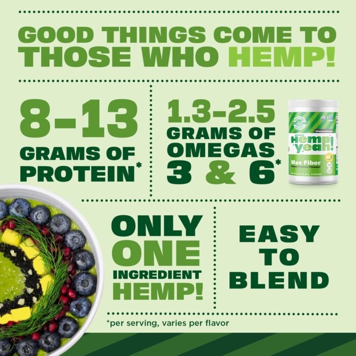 Manitoba Harvest Hemp Yeah Organic Max Fiber Protein Powder, Unsweetened, 16oz, with 13g of Fiber, 13g Protein and 2.5g Omegas 3&6 per Serving, Keto-Friendly, Preservative Free, Packaging May Vary - Image 4