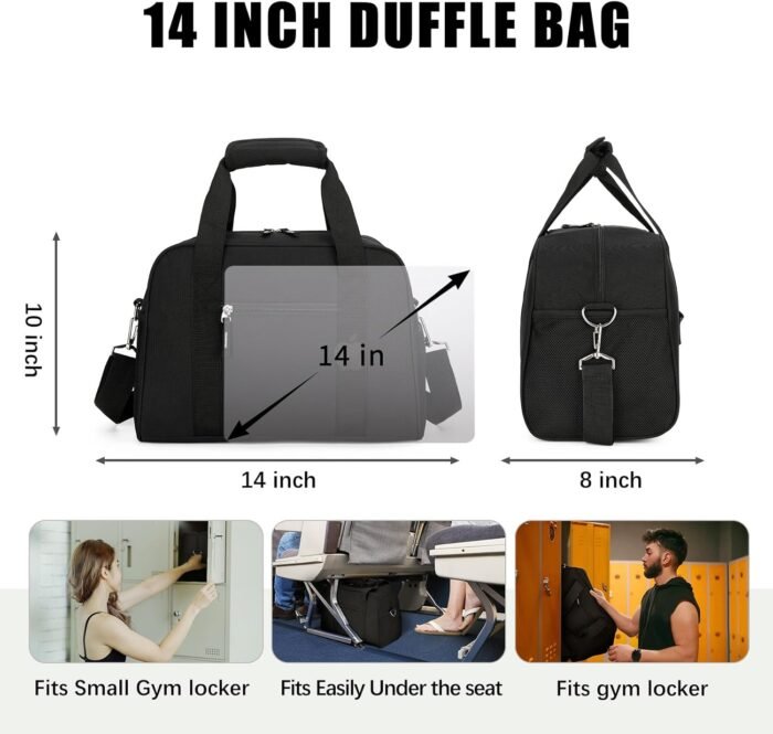 Small Gym Bag 14 inch, Mini Duffel Bag for Women & Men, Carry On Lightweight for Travel Sport - Black - Image 6