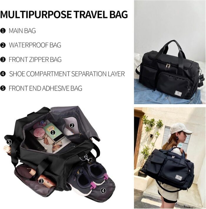Travel Duffel Tote Bag with Dry Wet Separation Pocket, Weekender Bag for Women and Men，Waterproof Bag with Shoe Compartment Lightweight and Easy Carry on Black - Image 8