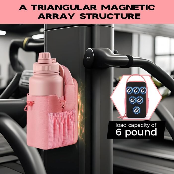 Magnetic Gym Sling Bag with Bottle holder for Men or Women |24 32 40 oz or diameter 3.9" Bottle holder| 6 pound magnetic force | Waterproof zipper | Airtag holder | Key chain (pink) - Image 3