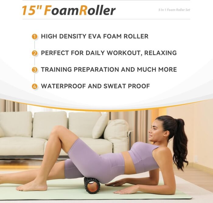5 in1 Foam Roller Set, Trigger Point Foam Roller, Massage Roller Stick, Massage Ball, Resistance Band for Deep Muscle Massage Pilates Yoga,Fitness Exercise for Whole Body (Pure Black) - Image 4