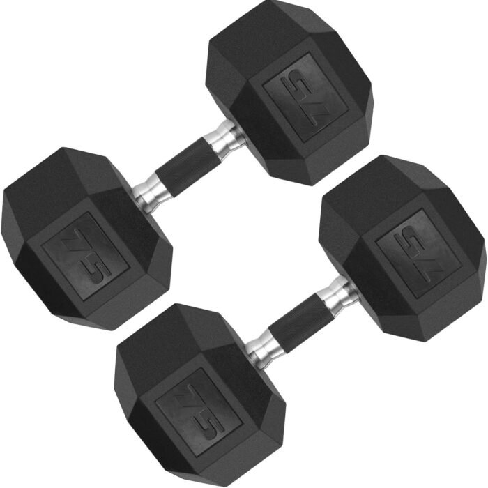 LIFERUN Rubber Grip Dumbbells Rubber Coated Cast Iron, with Anti-Slip Hex Black Dumbbell, Free Weights Dumbbell Set, 60lb/ 65lb/ 70lb/ 75lb dumbbells set of 2 - Image 2