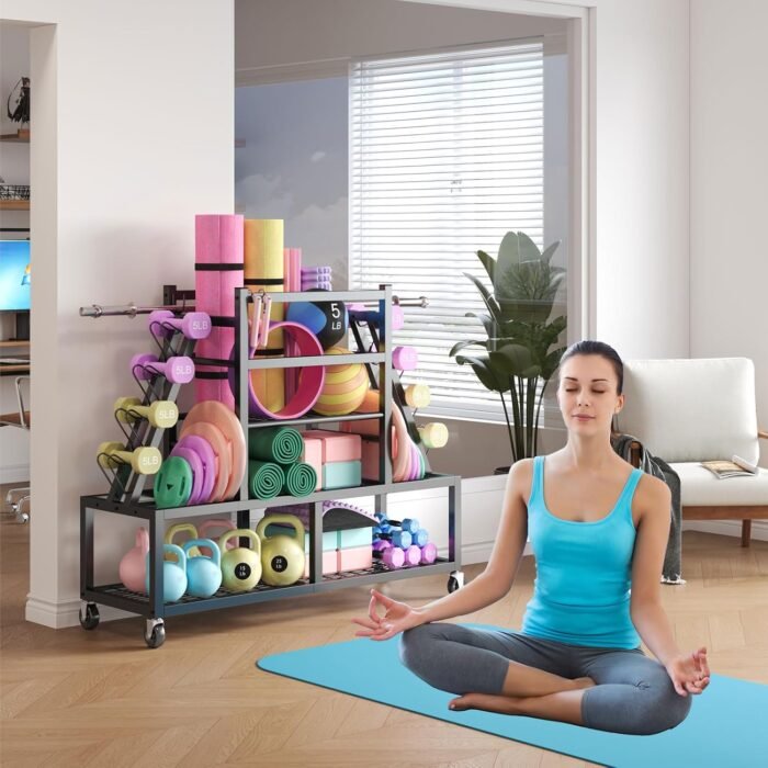 Dumbbell Rack Weight Rack Storage-Large Dumbbells Rack Home Gym Storage,Multilevel Workout Storage Organizer with Wheels and Barbell Holder,Perfect for Yoga Mat Balls Kettlebells and Fitness Gear,black - Image 7