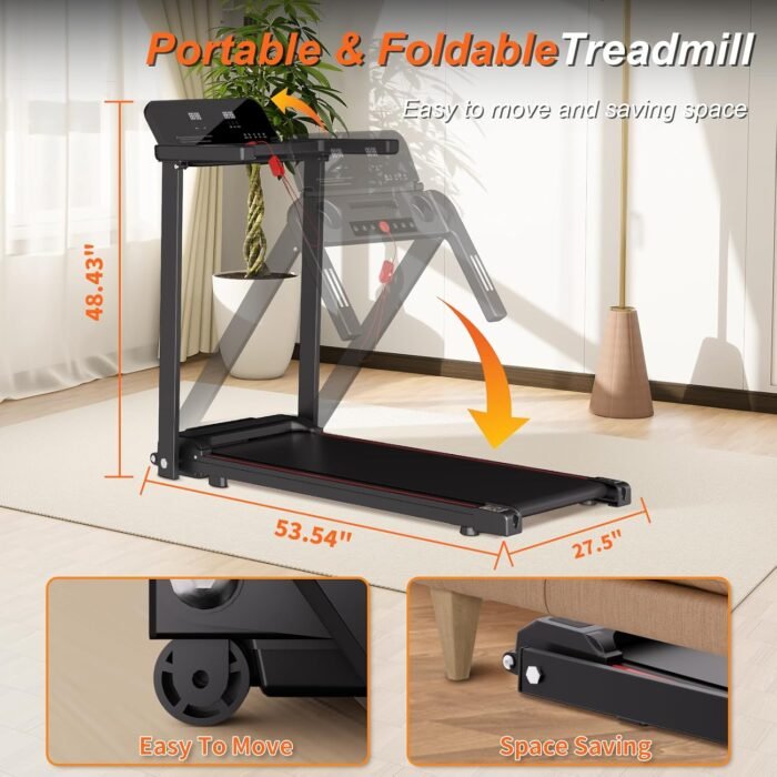 Foldable Treadmill with Handles Treadmills for Home Small Spaces 3HP Folding Treadmills Walking Pad Treadmill with Handle Bar Quiet Walking Machine, 300LBS Capacity, Portable Small Home Gym (Black) - Image 9