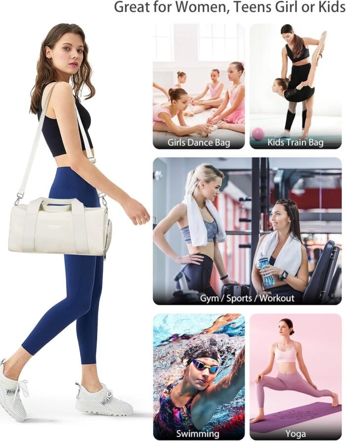 Compact Sports Gym Bag for Women, Cute Mini Duffle Bag with Wet Pocket & Shoes Compartment, Personal Item Travel Workout Bag, 16"-Small, Beige - Image 8