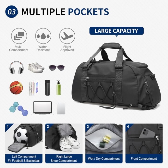 Unisex Travel Duffle Bag for Men Women, Waterproof Gym Bag with Shoe Compartment & Football Compartment, 32L Carry on Bag for Sports & Fitness, Black - Image 5