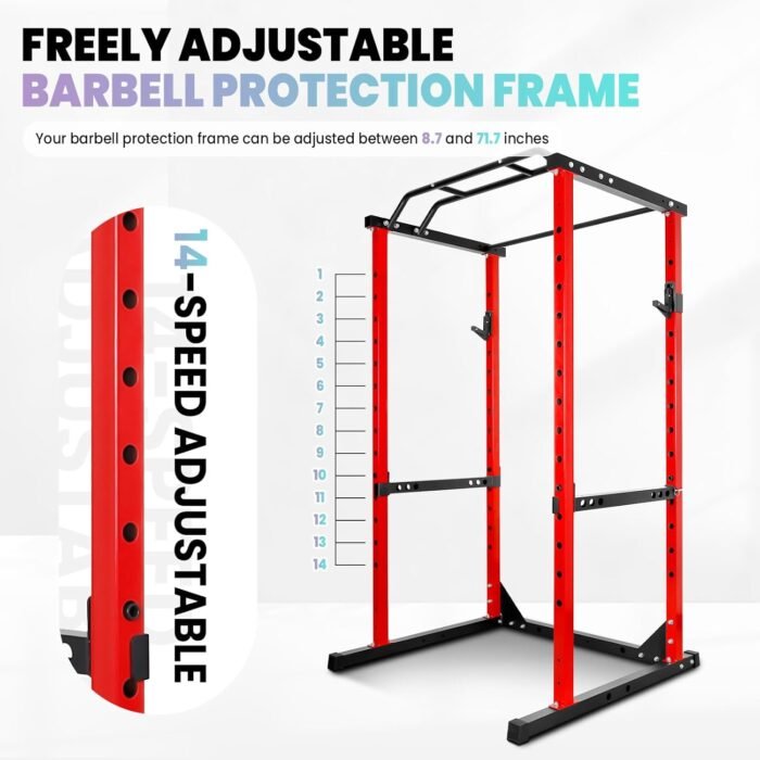 Multi-Function Squat Rack Power Cage for Home Gym, 1200 Lbs Weight Capacity Workout Cage, Strength Training Power Cages with 14 Height Adjustments, Protection Arms and J-Hooks - Image 6