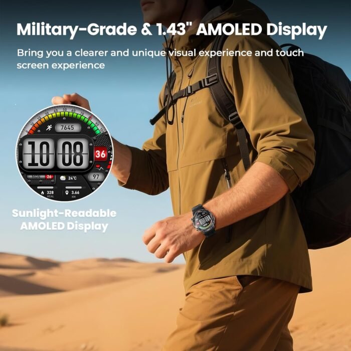 WalkerFit Military Rugged Smart Watch for Men 1.43" AMOLED Smartwatch, Always-on, 3ATM Waterproof for Swim, Accurate HR Sleep Monitor,Bluetooth Call Fitness Watch for iPhone Andriod Compatible, Black - Image 7