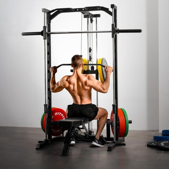 RitFit Smith Machine Power Rack with LAT-Pull Down System, Landmine, Barbell Bar, Plate Storage Pegs and More Training Attachment (Smith Machine 1.0), Black - Image 7