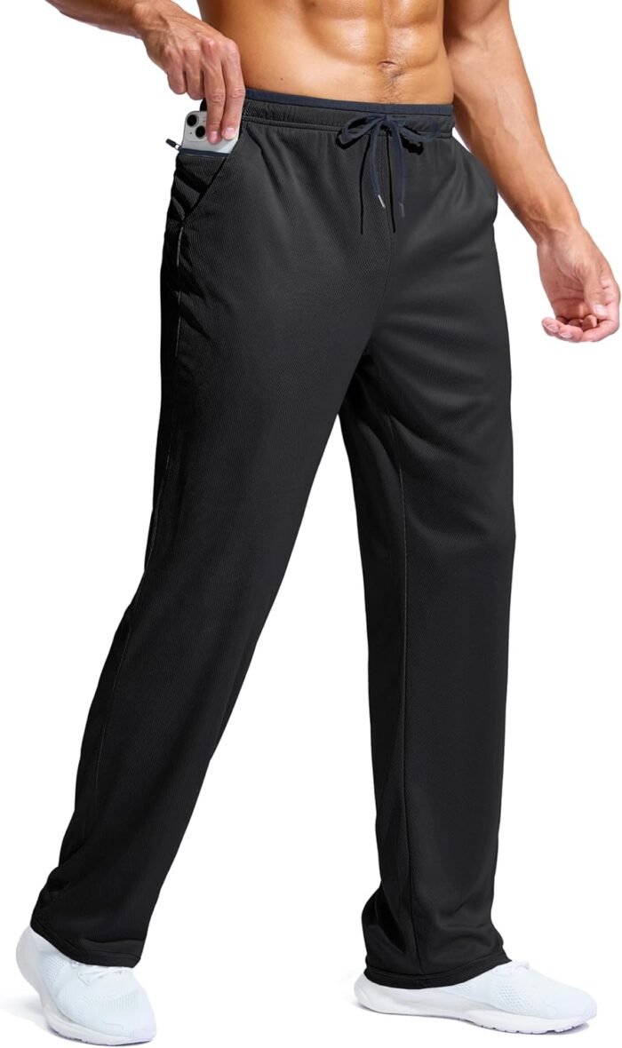 Pudolla Men's Lightweight Mesh Sweatpants Loose Fit Open Bottom Athletic Workout Gym Pants with Zipper Pockets - Image 2