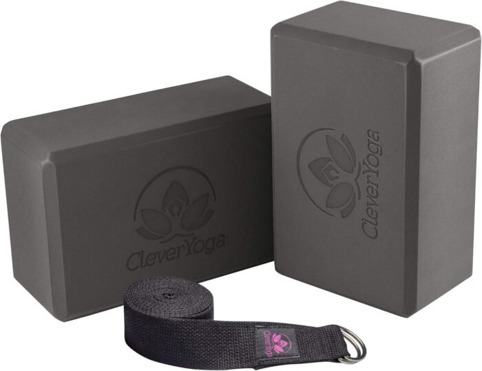 Clever Yoga Blocks & Strap - Lighweight Foam Yoga Blocks 2 Pack with 8ft Cotton Yoga Strap Set Kit for Beginners & Pros, Accessories & Equipment for Women & Men - Gray - Image 2