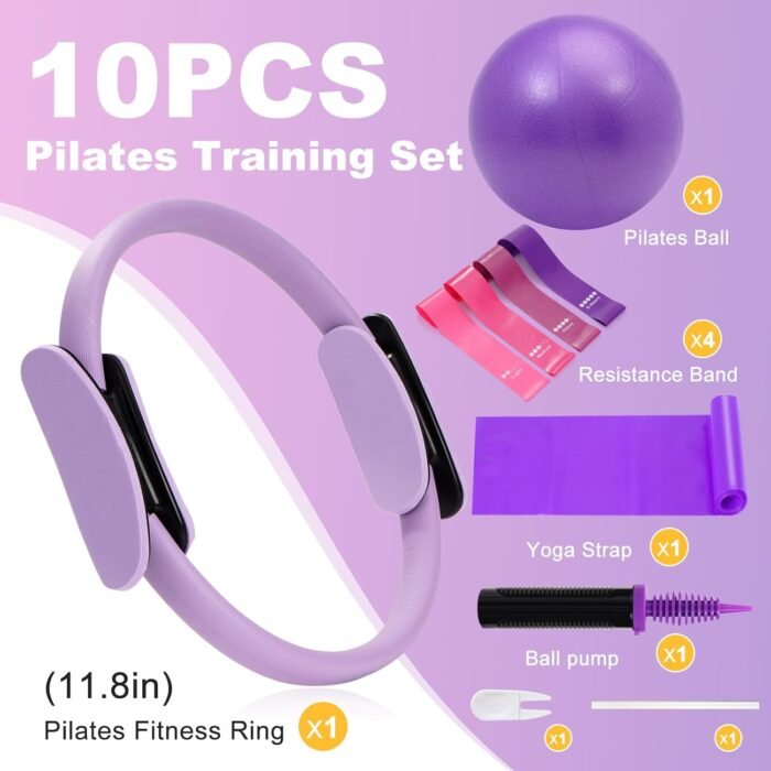 Pilates Ring Fitness Circles Set, High Resistance Yoga Ring Pilates Equipment Set for Women Includes Pilates Ring, 9 Inch Small Exercise Ball, 5 Resistance Bands at Home Pilates Workout Set - Image 5