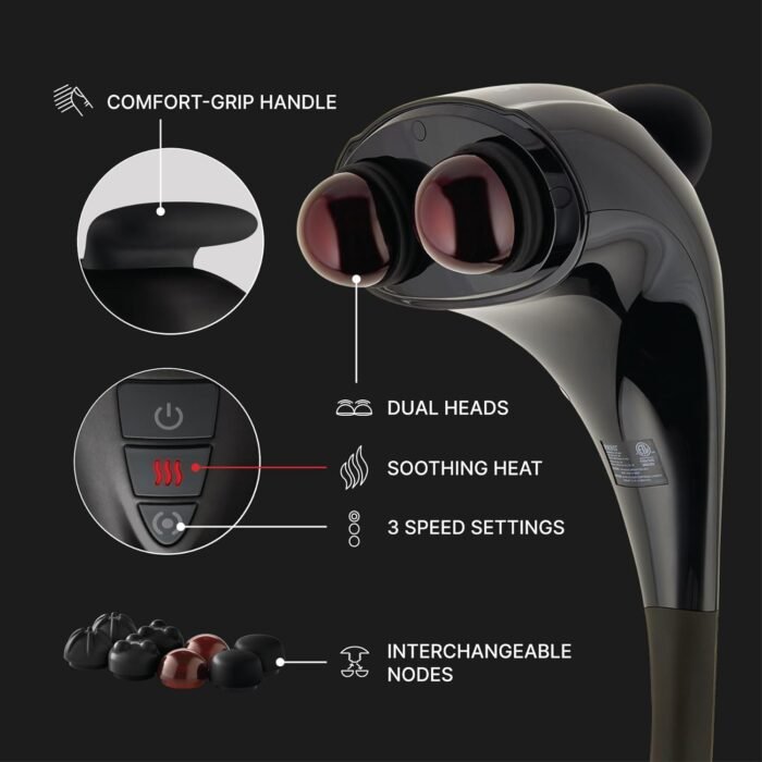 Homedics Handheld Back Massager, Dual Heated Nodes, Neck, and Body Percussion Massager with Interchangeable Nodes to Release Back, Neck, Shoulder Leg and Foot Tension - Image 4