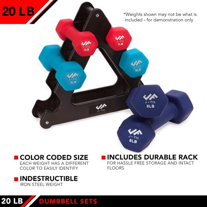 JFIT Dumbbell Set w/Durable Rack, Double Neoprene Coated Workout Weights, Solid Design Rack, 20 LB Set - Image 4