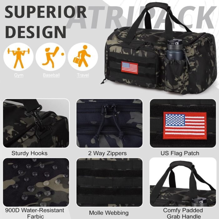 Tactical Gym Bag For Men, 40L Large Capacity Duffle Bags With Shoes Compartment, Sports Bag With Wet Compartment, Multi-Functional Weekend Bags Suitable For Travel, Camping,Hiking - Image 7
