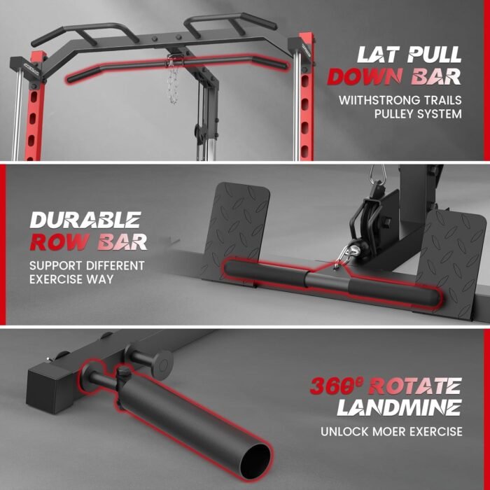 All in One Smith Machine with LAT-Pull Down, Multi-Functional Smith Machine, Power Cage with Cable Crossover, Squat Rack with Landmine, Barbell Bar, Plate Storage Pegs and More Training Attachment - Image 5