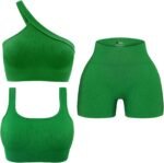 OLCHEE Womens 3 Piece Workout Sets - Seamless Ribbed Yoga Outfits Sports Bra One Shoulder Top Biker Shorts Gym Athletic Cloth - Image 2