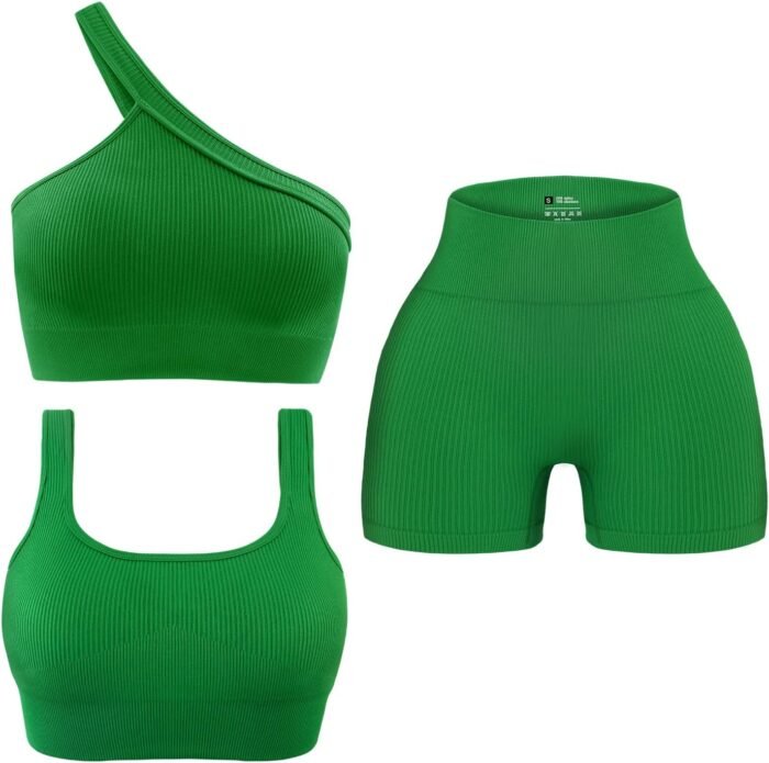 OLCHEE Womens 3 Piece Workout Sets - Seamless Ribbed Yoga Outfits Sports Bra One Shoulder Top Biker Shorts Gym Athletic Cloth - Image 2