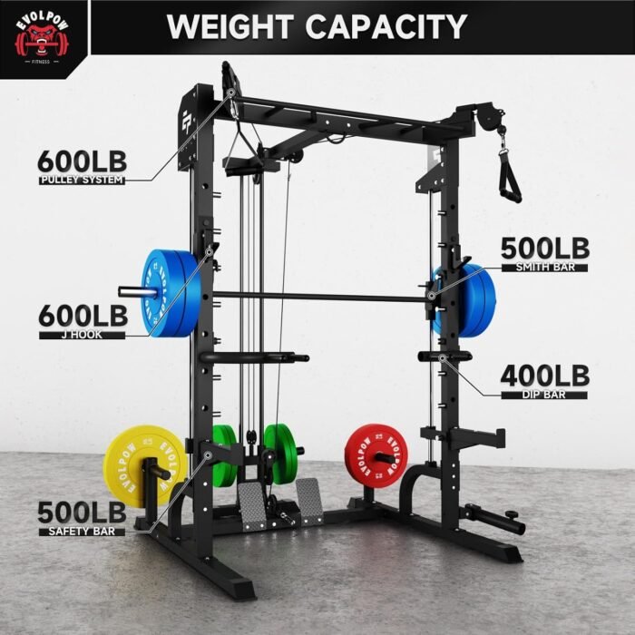 EVOLPOW Squat Rack with Pulley System, Smith Bar, J-Hooks, Dip Handles, Landmine Attachment, Multi-Functional Power Cage with Optional Bench, Weight Plates for Home Gym - Image 5