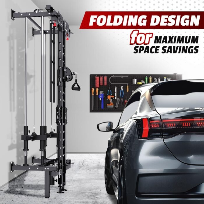 Folding Squat Rack, Wall Mounted Power Rack with Cable Crossover Machine & LAT Pull Down Multi-Function Space-Saving Power Cage with 7 Adjustable Modes/Dual Pulley System/Pull-up Bar/360°Landmine - Image 7