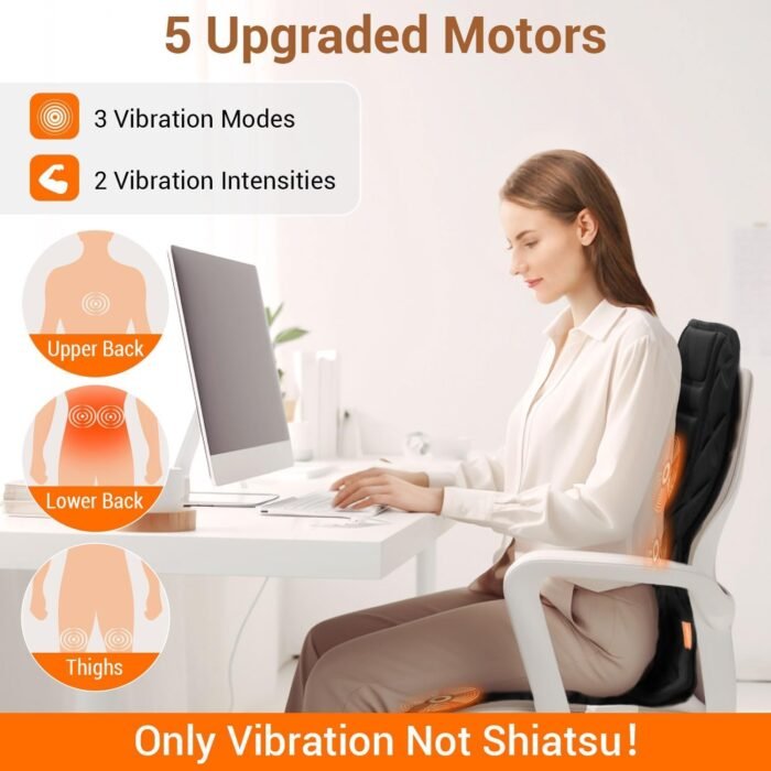 Back Massager with Heat,Heated Seat Cover Cushion with 5 Vibrating Massage Nodes & 2 Heat Levels Massage Chair Pad for Pain Relief Home Office Use - Image 4