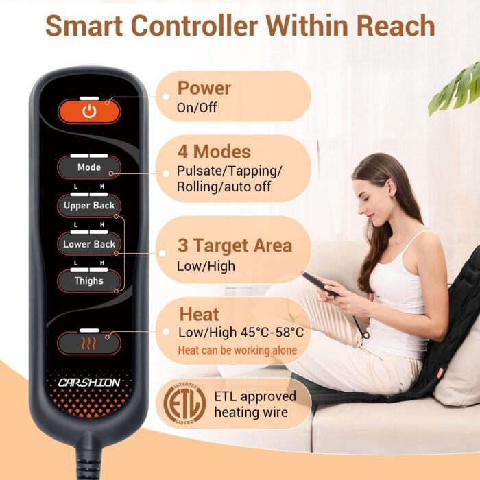 Back Massager with Heat,Heated Seat Cover Cushion with 5 Vibrating Massage Nodes & 2 Heat Levels Massage Chair Pad for Pain Relief Home Office Use - Image 8