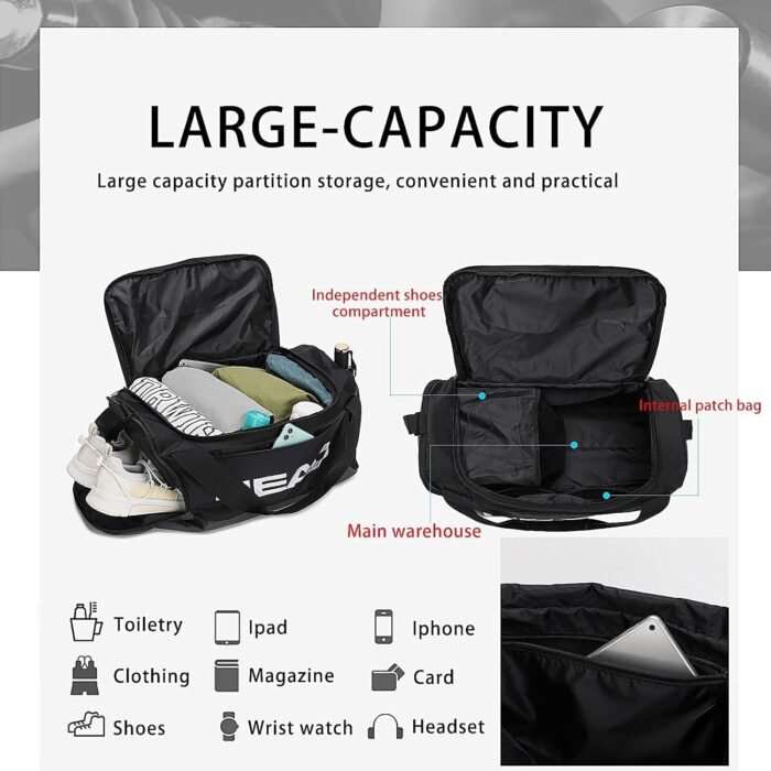 HEAD 45L Waterproof Tennis Duffel Bag for Men, Large Capacity Sports Gym Bags with Shoes Compartment, Lightweight Crossbody Duffle Bag for Business/Workout/Fitness/Weekender/Overnight - Image 6