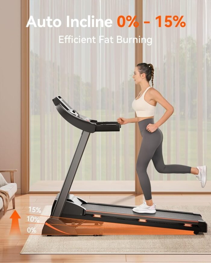Treadmills for Home, Treadmill with 0-15% Auto Incline, 3HP Folding Treadmills for Running Walking with 300LBS Weight Capacity, Incline Treadmill Equipped with Bluetooth & Pulse Monitor - Image 3