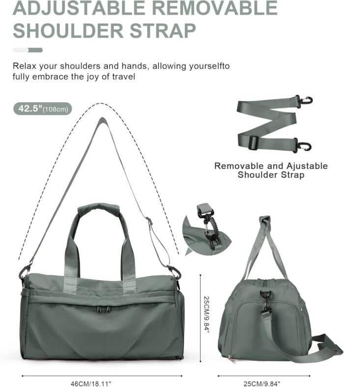 Gym Bag for Women Men with Shoe Compartment, Sport Duffel Bag, Waterproof Travel Weekender Overnight Carry on Bag for Yoga with Trolley Sleeve, Green - Image 5