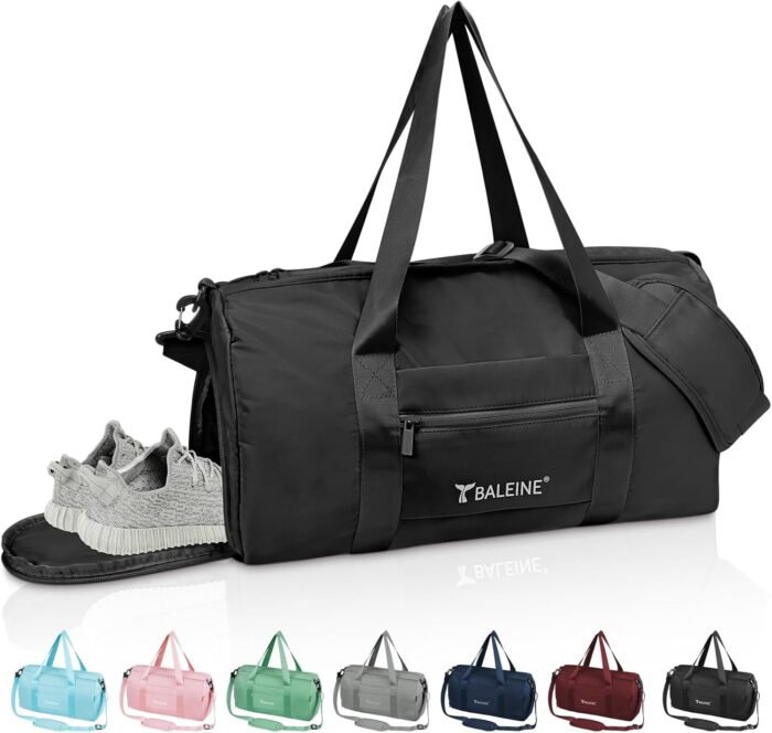 BALEINE Gym Bag for Women and Men, Small Duffel Bag for Sports, Gyms and Weekend Getaway, Waterproof Dufflebag with Shoe and Wet Clothes Compartments, Lightweight Carryon Gymbag (Black) - Image 2