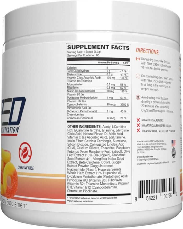 EHP Labs OxyShred Non Stimulant Pre Workout Powder - Stim Free Pre Workout, Caffeine Free Preworkout for Men & Women with L Glutamine & Acetyl L Carnitine - Peach, 60 Servings - Image 8