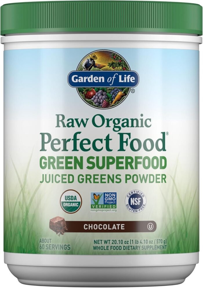 Garden of Life Raw Organic Perfect Food Green Superfood Juiced Greens Powder - Chocolate, 60 Servings, Non-GMO, Gluten Free, Vegan Whole Food Dietary Supplement, Plus Probiotics, Enzymes - Image 2