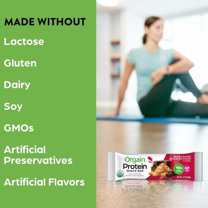 Orgain Organic Vegan Protein Bars, Peanut Butter Chocolate Chunk - 10g Plant Based Protein, Low Calorie Healthy Snacks, No Lactose or Soy Ingredients, Gluten Free, Non-GMO - 1.41 Oz (Pack of 12) - Image 6