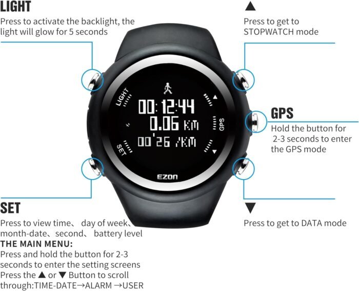 EZON GPS Running Watch with Speed Distance Pace Alarm and Calorie Counter and Stopwatch for Men T031 Black - Image 8