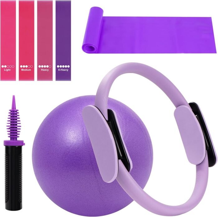 Pilates Ring Fitness Circles Set, High Resistance Yoga Ring Pilates Equipment Set for Women Includes Pilates Ring, 9 Inch Small Exercise Ball, 5 Resistance Bands at Home Pilates Workout Set - Image 2