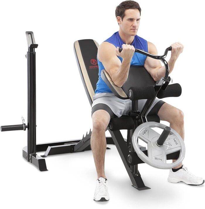 Marcy Olympic Workout Bench for Home Gym Strength Training Equipment with Preacher Curl Pad and Weight Rack Storage, White/Black - Image 2