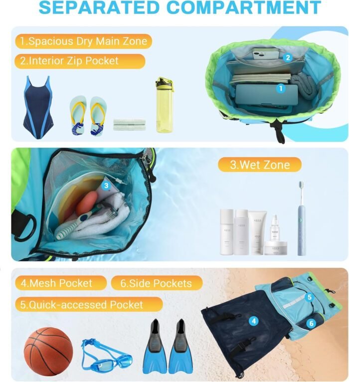 Drawstring Backpack, Waterproof Sandproof Beach Backpack for Sport Gear Small Gym Bag with Hidden Ball Net Pocket and Seperated Wet Pocket Draw String Back Bag for Women Men, Blue - Image 6